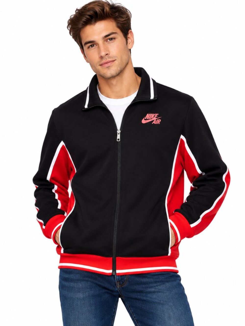 Nike Air Men’s Track Jacket Black Red White Full Zip Athletic Size Large L